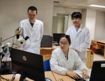 Трое участников мемристорного проекта в лаборатории в белых халатах смотрят на экран компьютера.