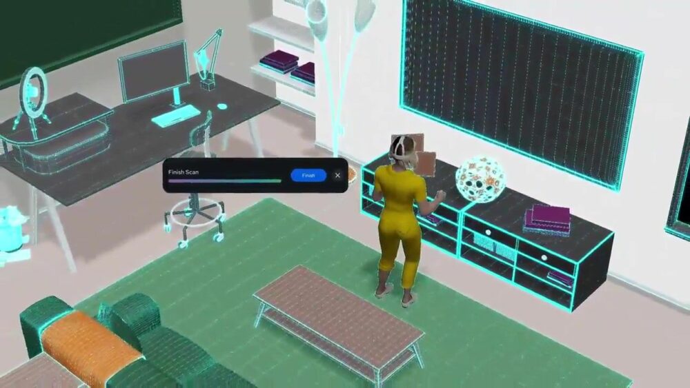 Posnetek vdelane programske opreme Quest 3 prikazuje 3D-mrežo sobnega senzorja globine