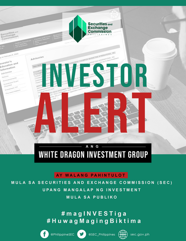 Η SEC επισημαίνει το μη εγγεγραμμένο White Dragon Investment Group | BitPinas PlatoBlockchain Data Intelligence. Κάθετη αναζήτηση. Ολα συμπεριλαμβάνονται.