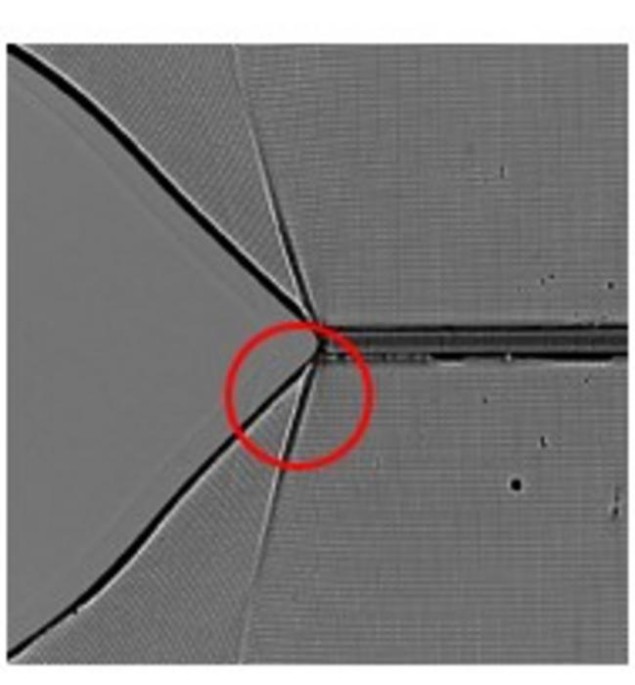 image of material deformations formed by a single rapidly propagating crack moving left to right