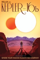 A poster depicting futuristic travel to Kepler-16b