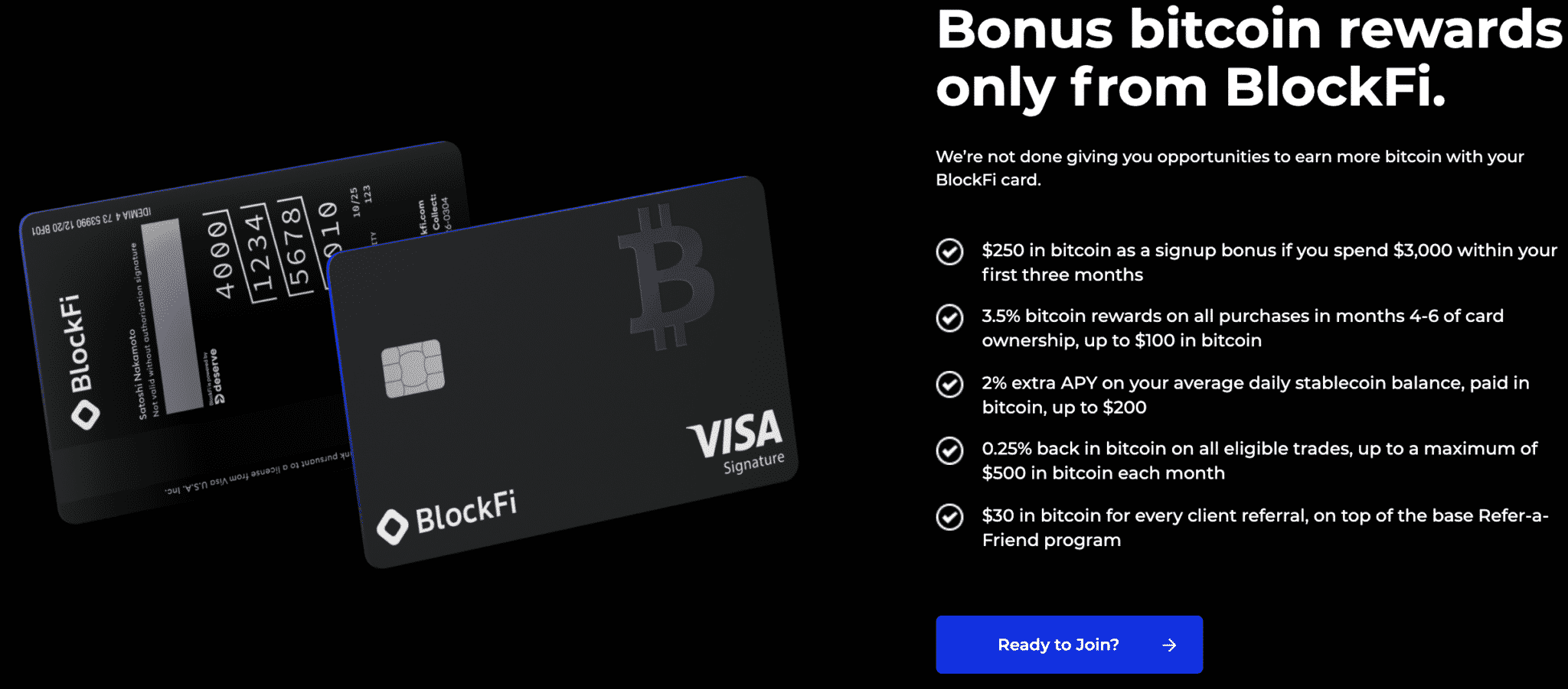 Bonusser fra BlockFis kreditkortlandingsside