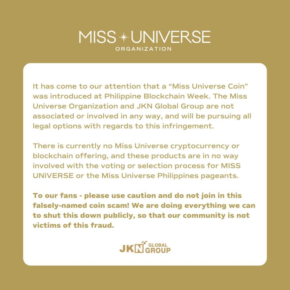 Мисс Вселенная отрицает связь с недавно представленным проектом монет