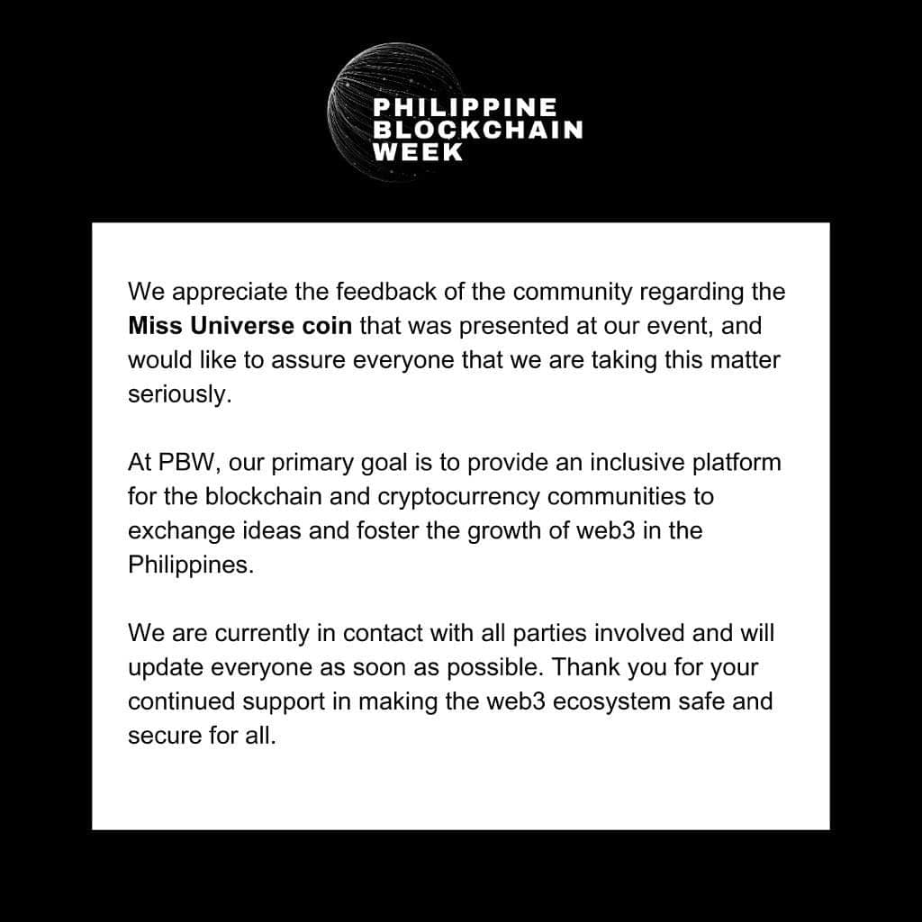 รูปภาพสำหรับบทความ - Philippine Blockchain Week กล่าวถึงปัญหา Miss Universe Coin