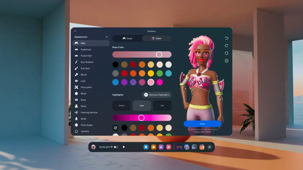 Quest v57: personalização de cores do avatar e interface de usuário 'Horizon Feed'