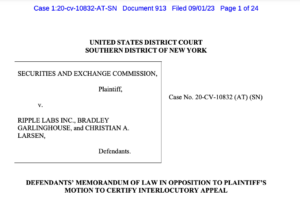 Ripple juridiska team motsätter sig SEC:s överklagande över XRP-beslut