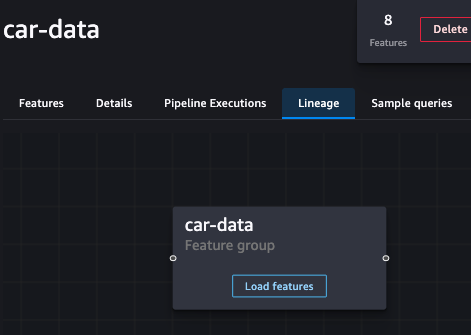 Obraz interfejsu użytkownika Sagemaker przedstawiający grupę funkcji danych samochodu