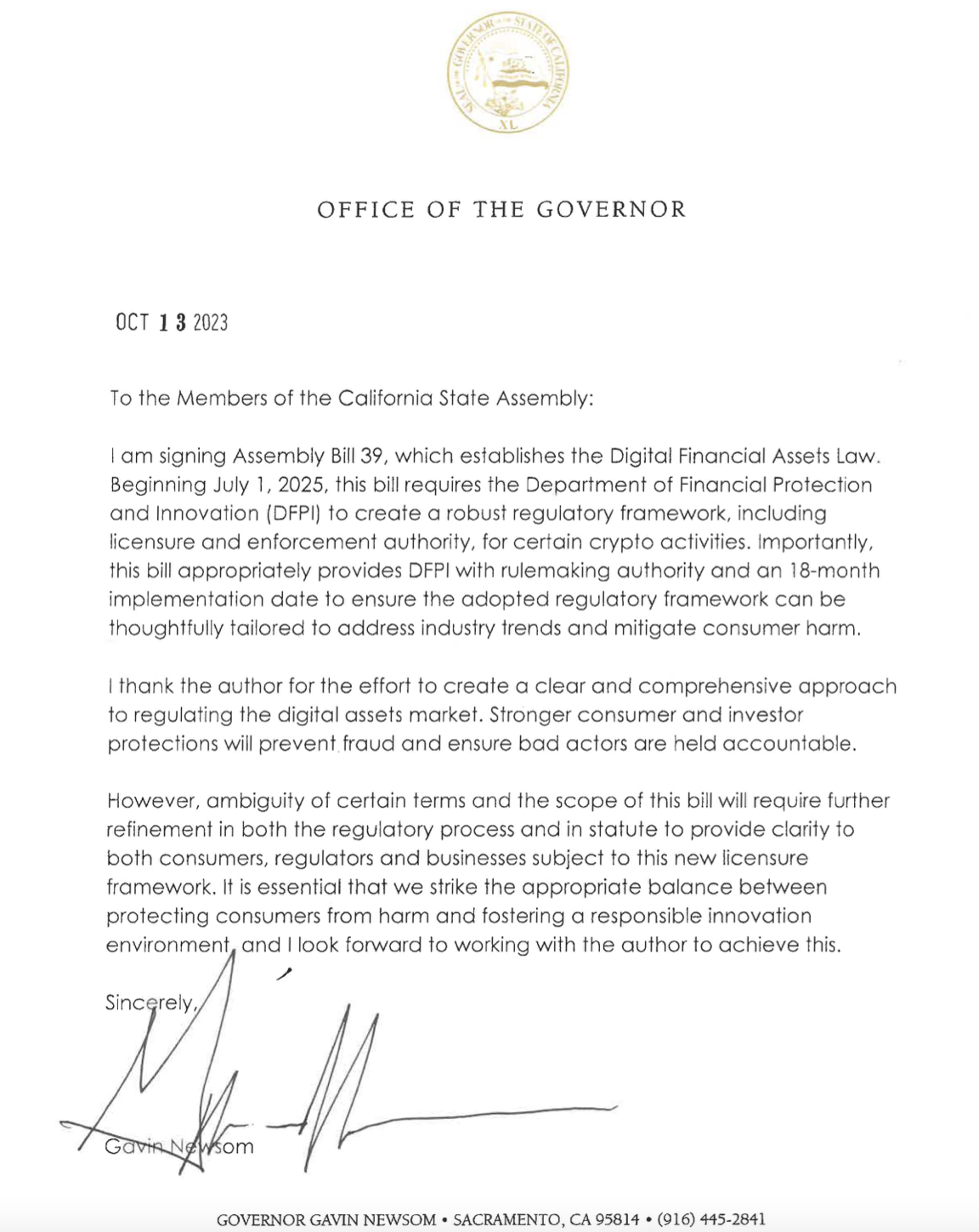 Губернатор Каліфорнії Ньюсом схвалив законопроект про регулювання криптовалюти на 2025 рік