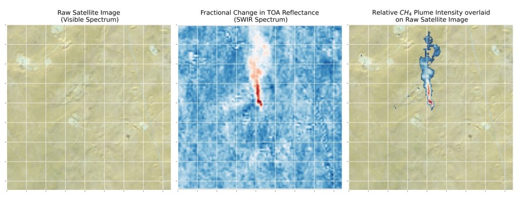 図 4 – RGB 画像、TOA 反射率の分数反射率変化 (SWIR スペクトル)、および AOI のメタンプルームのオーバーレイ