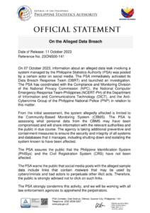 Philippine Statistics Authority Statement on Alleged Data Breach