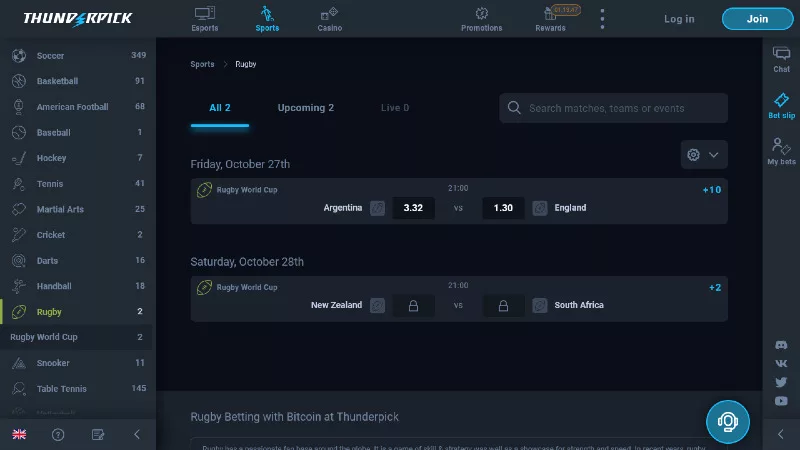 Rugby betting at Thunderpick.