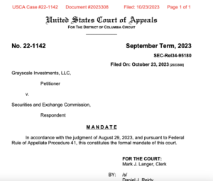 Den amerikanske domstol udsteder mandat til kendelse i gråtoner, hvilket baner vejen for SEC til at gennemgå spot Bitcoin ETF