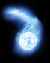 Vue d'artiste du système binaire à rayons X IGR J17252-3616, composé d'une étoile à neutrons et d'une étoile supergéante bleue