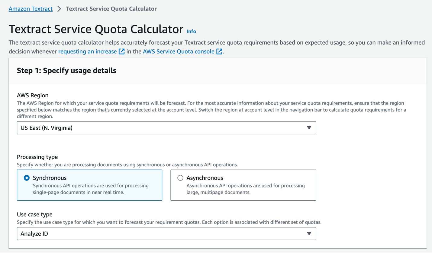 Figur 2. Amazon Textract Service Quota Calculator. Av forfatter.