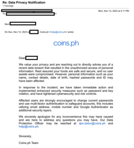 Το Coins.ph υφίσταται παραβίαση δεδομένων: Επιλέξτε τα προσωπικά στοιχεία των χρηστών που εκτίθενται