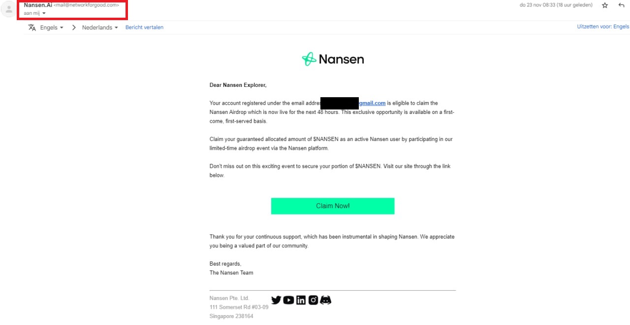 البريد الإلكتروني للتصيد الاحتيالي الخاص بـ Nansen
