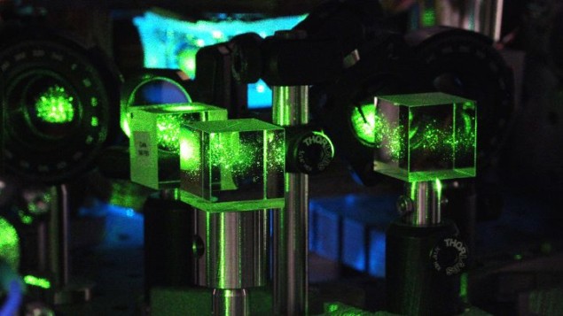 Photo of optics bathed in green and blue light