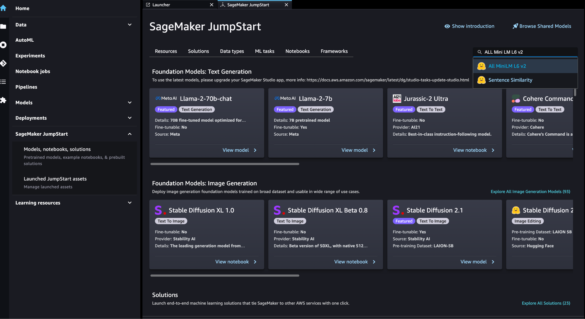 SageMaker JumpStart-modeller, bærbare datamaskiner, løsninger
