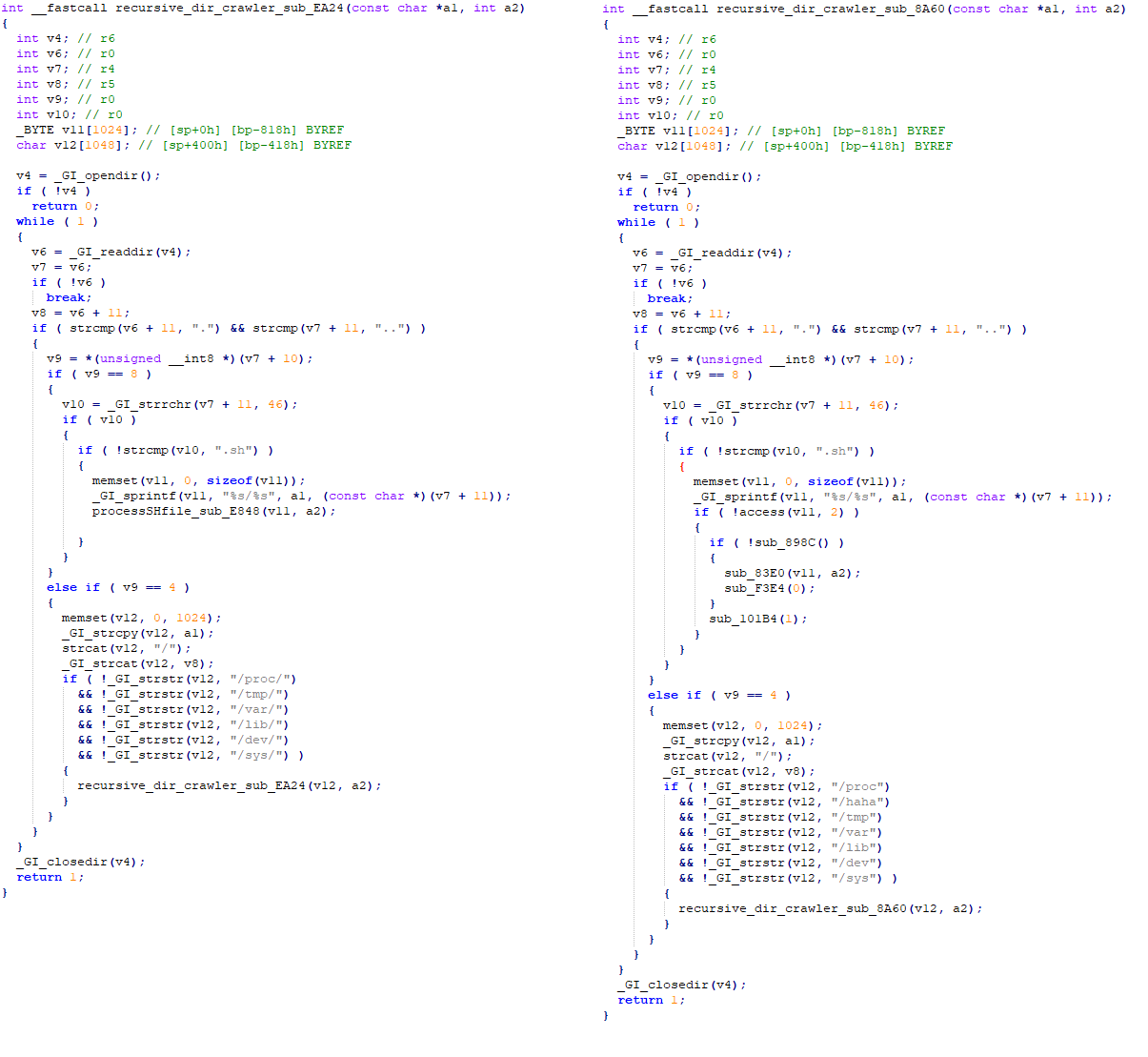 Рис. 2. Фрагменты кода исходного образца Mozi (слева) и образца аварийного выключателя, представленного в 2023 году (справа).