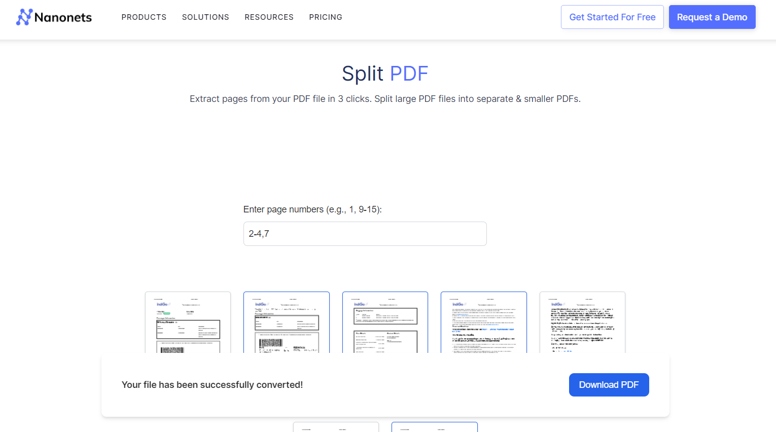 Processus de l'outil PDF divisé par Nanonets pour supprimer des pages des PDF
