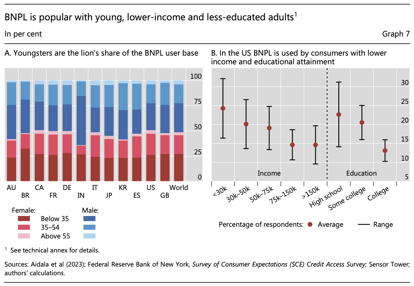 BNPL פופולרי בקרב מבוגרים צעירים, בעלי הכנסה נמוכה ופחות משכילים, מקור: קנה עכשיו, שלם מאוחר יותר: ניתוח חוצה מדינות, Bank for International Settlements, דצמבר 2023