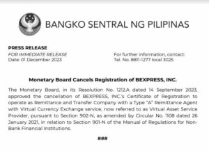 BSP 货币委员会取消 Bexpress 的 VASP 加密货币许可证 | 比特皮纳斯