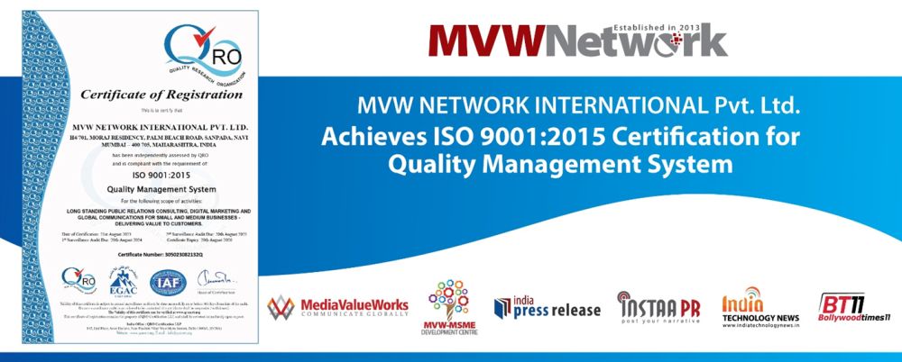 Global Digital PR and Communications Service Provider 'MediaValueWorks' receives ISO 9000-2015 Certification for Quality Management long-standing PlatoBlockchain Data Intelligence. Vertical Search. Ai.