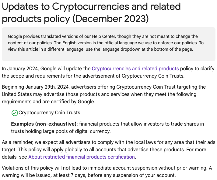 Google updated policy on Cryptocurrency ads