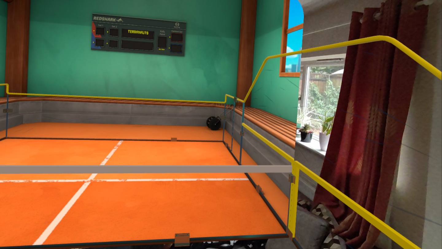 Zrzut ekranu z gry Racket Club w trybie mieszanej rzeczywistości w Quest 3