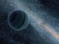 Artistieke impressie van een schurkenplaneet, die verschijnt als een donker, gestreept object tegen een heldere achtergrond van sterren