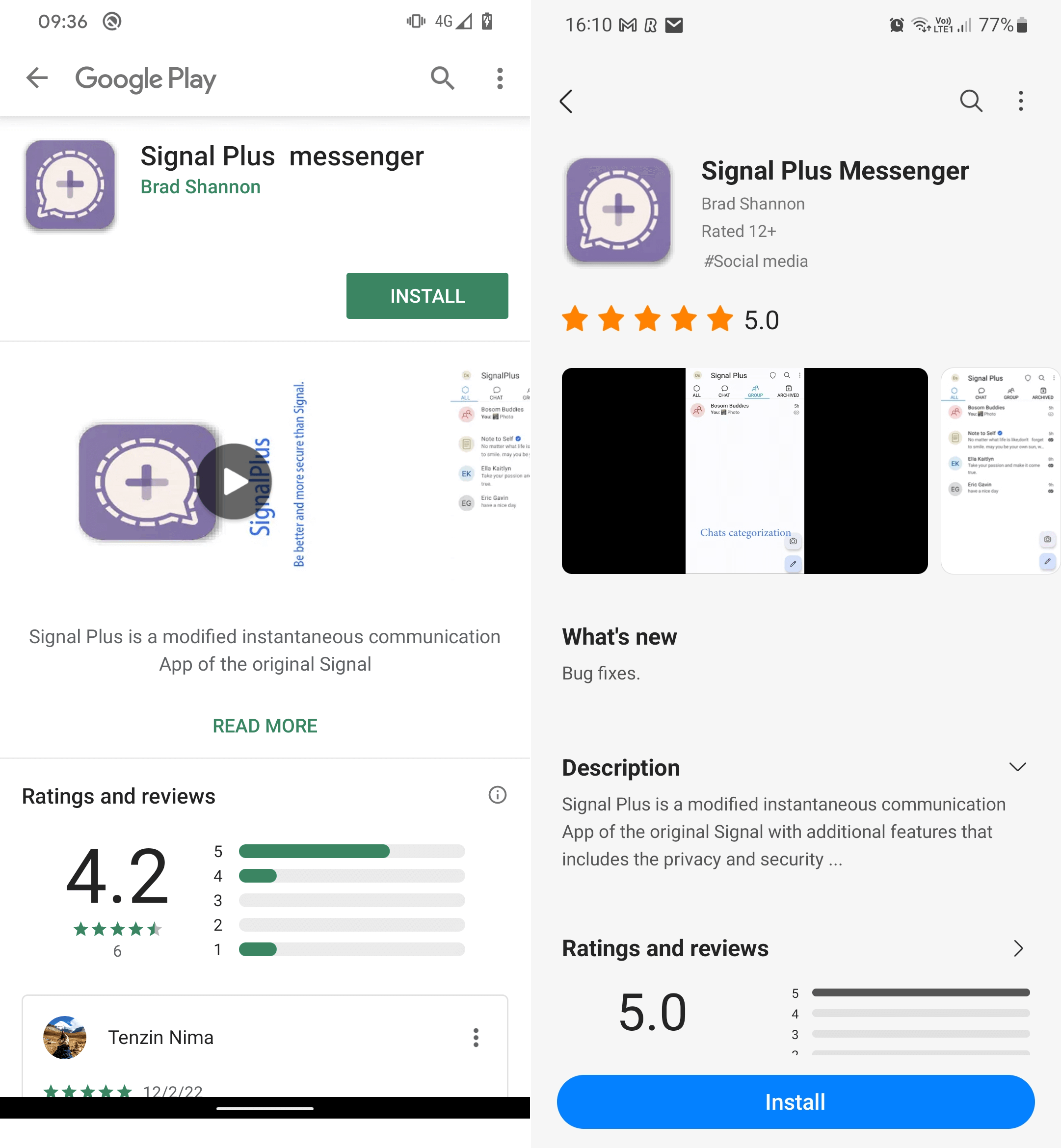 Figura 2. Aplicația rău intenționată Signal Plus Messenger odată disponibilă pe Google Play (stânga) și Samsung Galaxy Store (dreapta)