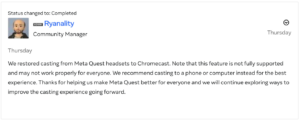 A Meta visszaállítja a Quest TV Casting funkcióját panaszok után