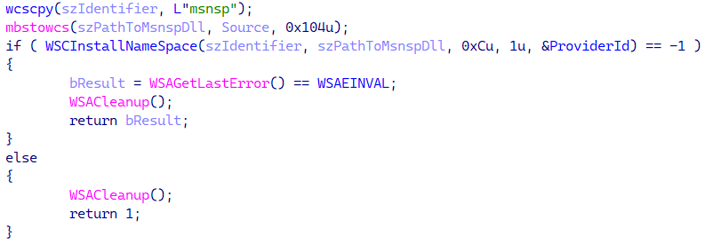 चित्र 14. कोड जो एक दुर्भावनापूर्ण विंसॉक नेमस्पेस प्रदाता स्थापित करता है