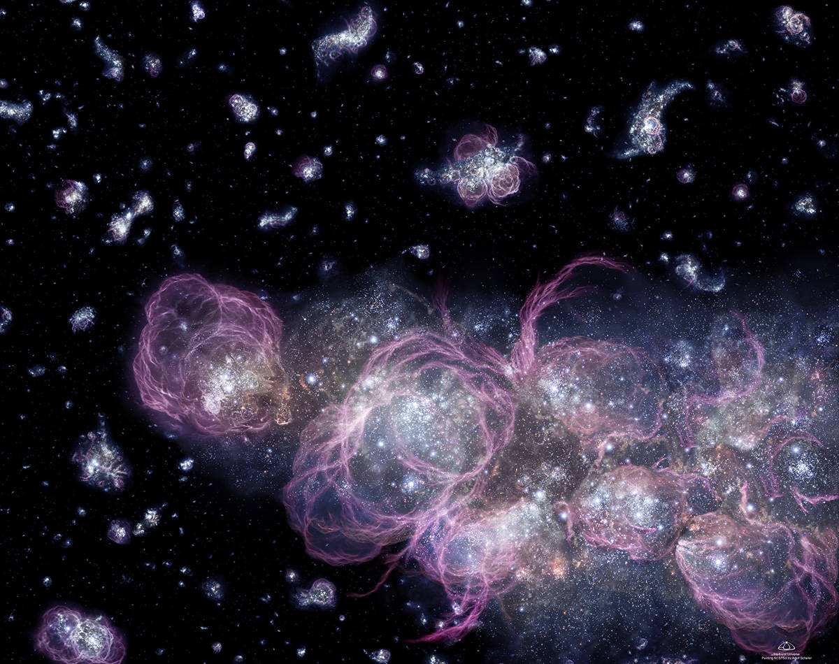 vue d'artiste de ce à quoi aurait pu ressembler le tout premier univers (âgé de moins d'un milliard d'années)
