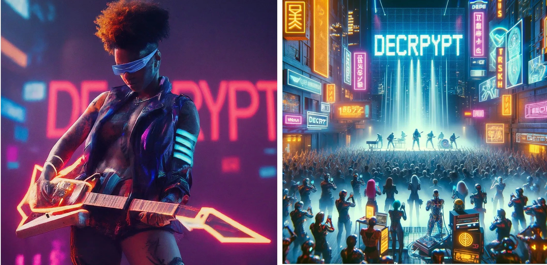 Artis futuristik Cyberpunk tampil di atas panggung dengan kata "DECRYPT" di latar belakang lampu neon. Gemini (kiri) vs ChatGPT Plus (kanan)