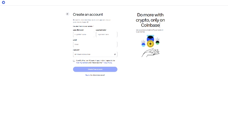 coinbase 创建账户页面
