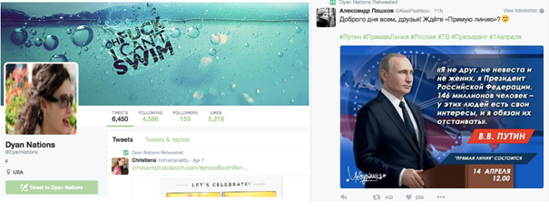 Dyan Nations نامی ایک جعلی اکاؤنٹ کی تصویر جس میں روسی پروپیگنڈہ پھیل رہا ہے۔