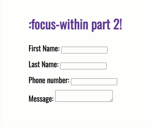 Visar hur man fetstil, ändrar färg och teckenstorlek på etiketter i ett formulär med :focus-within.