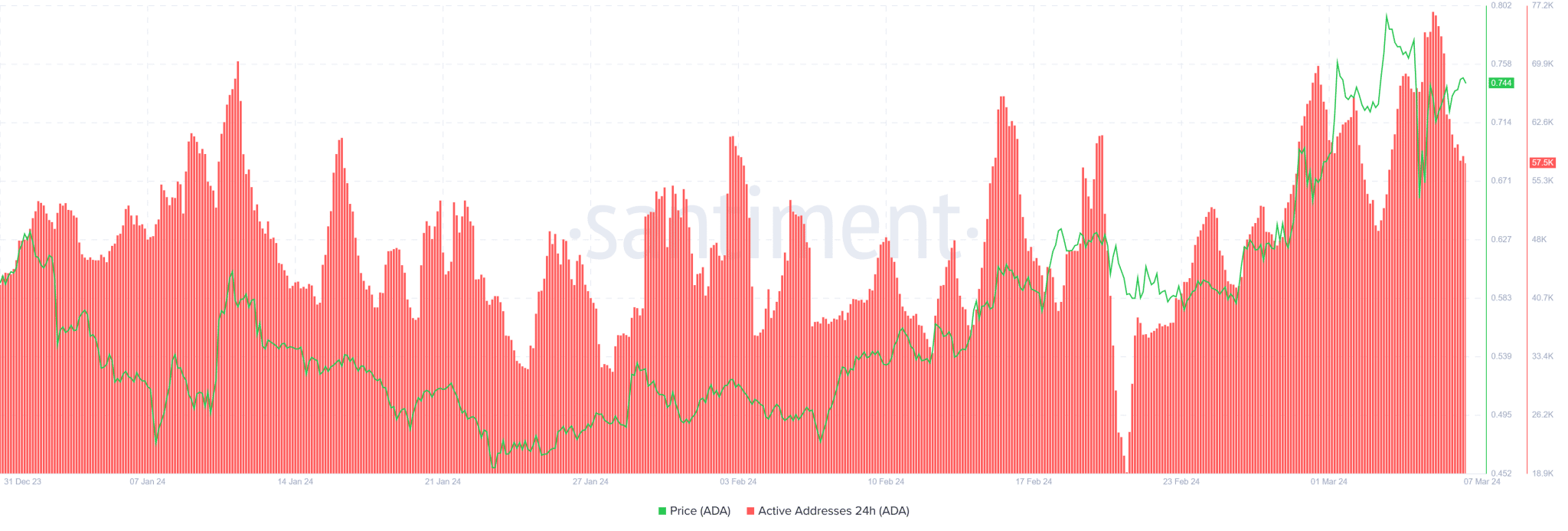 Cardano Active adresuje gwałtowny wzrost do 76,000 0.80, gdy cena prawdopodobnie przekroczy XNUMX USD