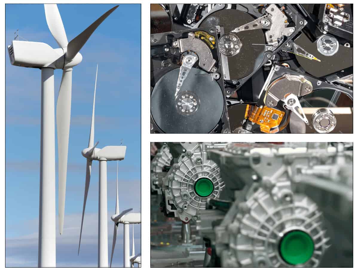 Algunas turbinas eólicas, un montón de discos duros reciclados y motores de coches eléctricos
