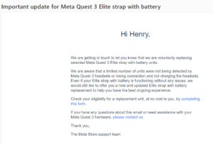 Meta offre agli acquirenti la sostituzione della cinghia della batteria Quest 3 Elite