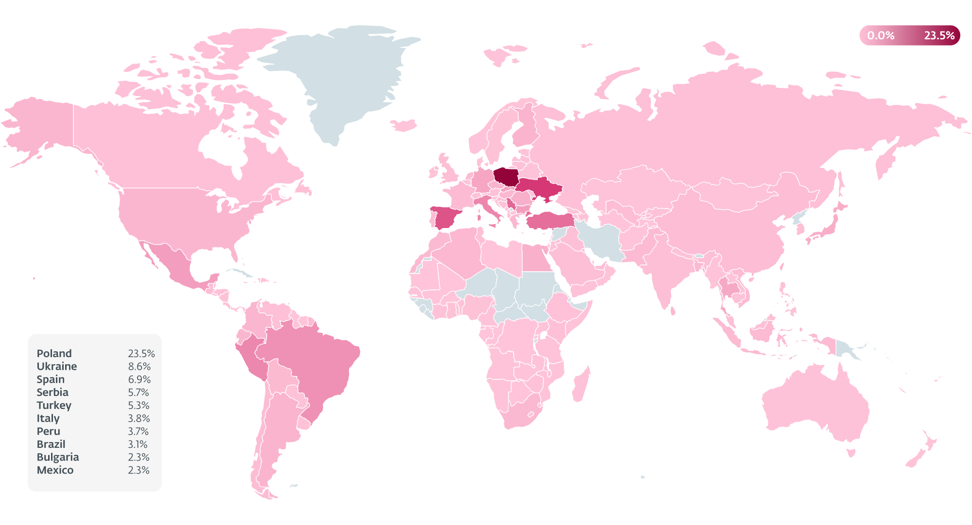 Hình 3. Bản đồ nhiệt của các quốc gia bị ảnh hưởng bởi AceCryptor, theo phương pháp đo từ xa của ESET
