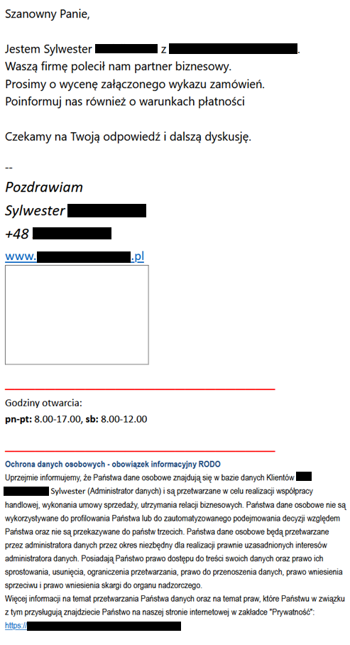 الشكل 6. مثال على رسائل البريد الإلكتروني التصيدية التي تستهدف الشركات البولندية