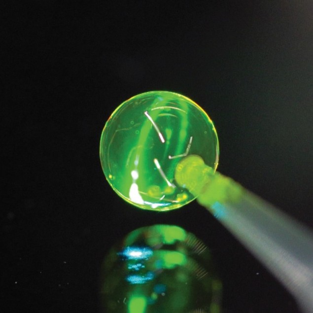 Photo of a soap bubble at the end of a capillary tube, bathed in yellowish green laser light