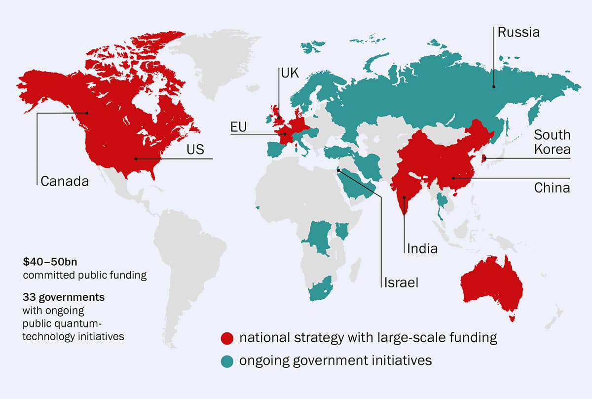 Kort over verden, der viser lande med regeringsinitiativer inden for kvanteteknologi