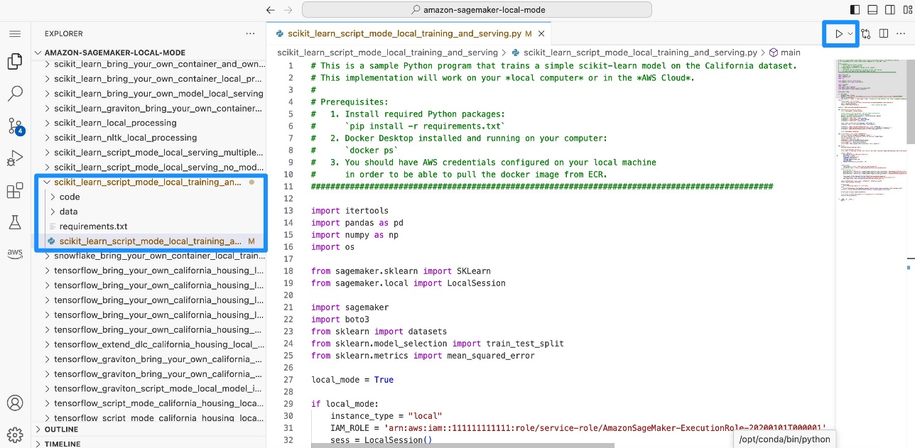 Futtasson Python fájlokat a SageMaker Studio terekben a Helyi mód használatával