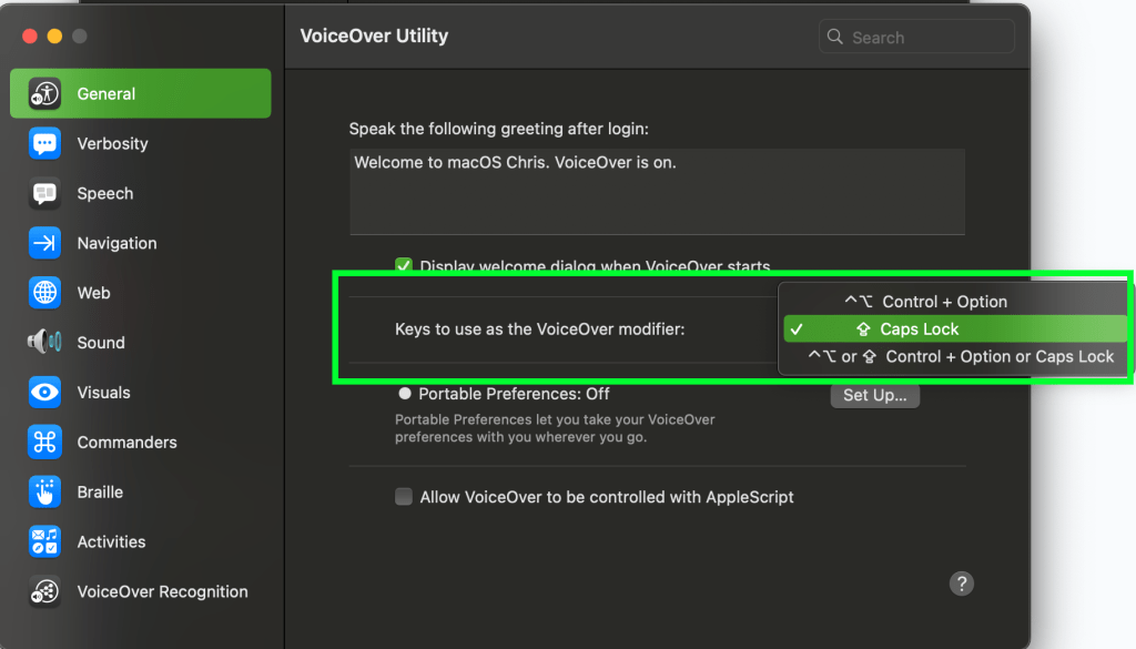 Narzędzie VoiceOver do zmiany klawiszy modyfikujących.