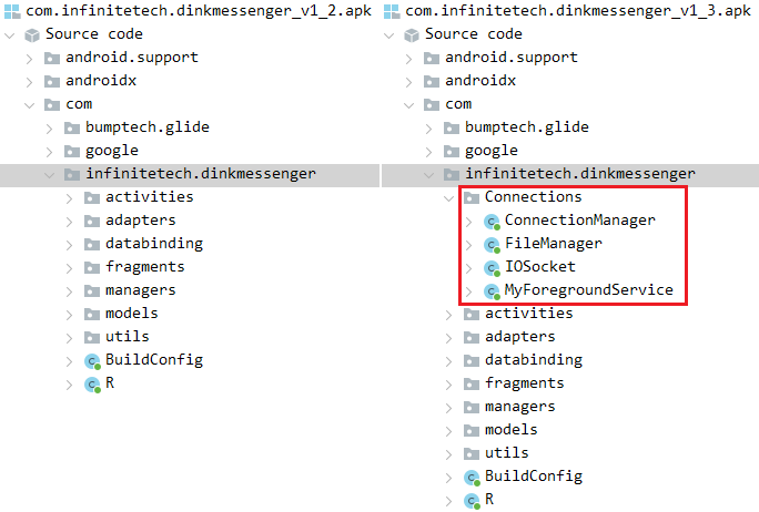 Figure 4. Class name comparison of Dink Messenger without malicious functionality (left) and with (right)