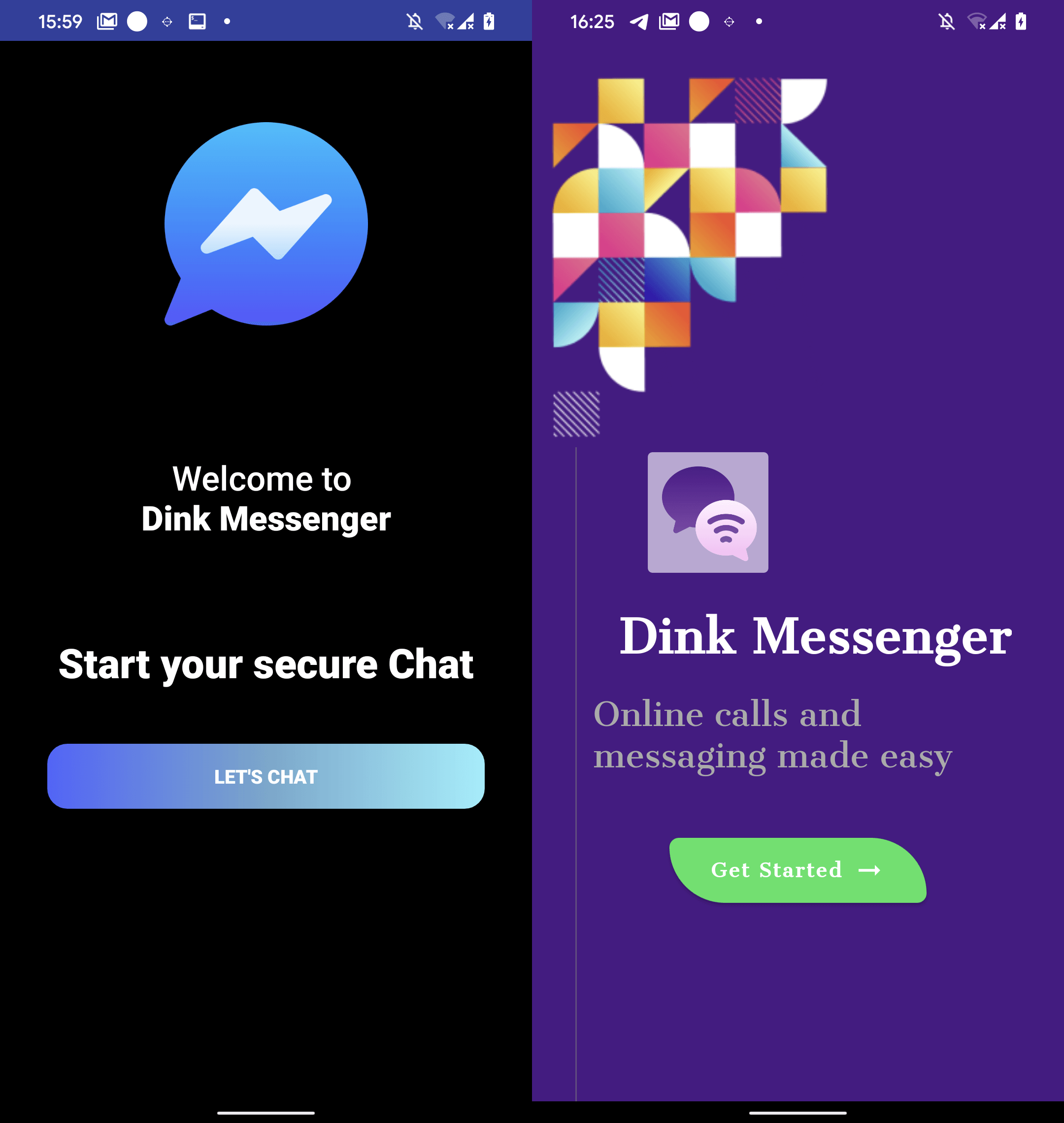 איור 5. ממשק משתמש של Dink Messenger שהורד מאתר ייעודי (משמאל) ומ-Google Play (מימין)