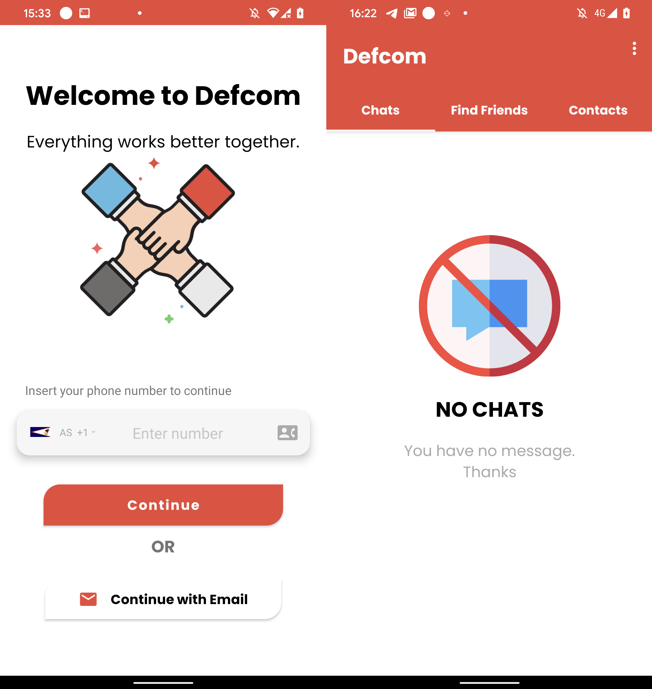 Figur 11. Defcoms inloggningsgränssnitt (vänster) och flikar i appen (höger)